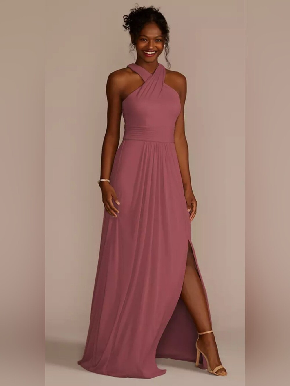 David's Bridal Crisscross High-Neck Mesh Dress in Chianti